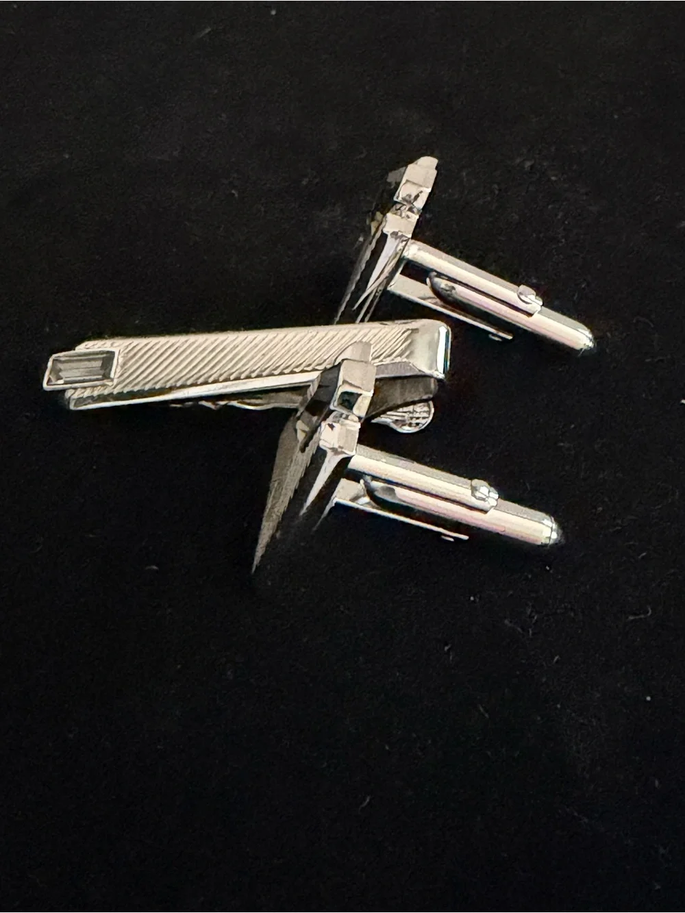 SWANK Silver Tone Cufflinks and Tie Clip with Rectangular Clear Stones